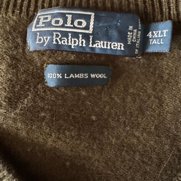 Vintage 1990s Polo Ralph Lauren Olive Green 100% Lambs Wool V Neck Sweater 4XL - Picture 2 of 8